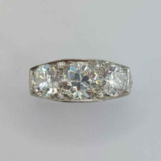 Art Deco Antique 4ct Old Mine Cut Diamond Three Stone Ring