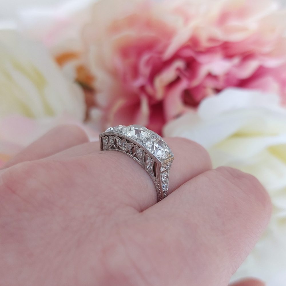 Art Deco Antique 4ct Old Mine Cut Diamond Three Stone Ring