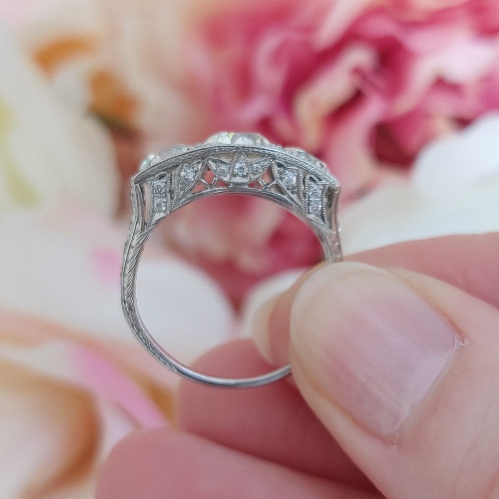 Art Deco Antique 4ct Old Mine Cut Diamond Three Stone Ring