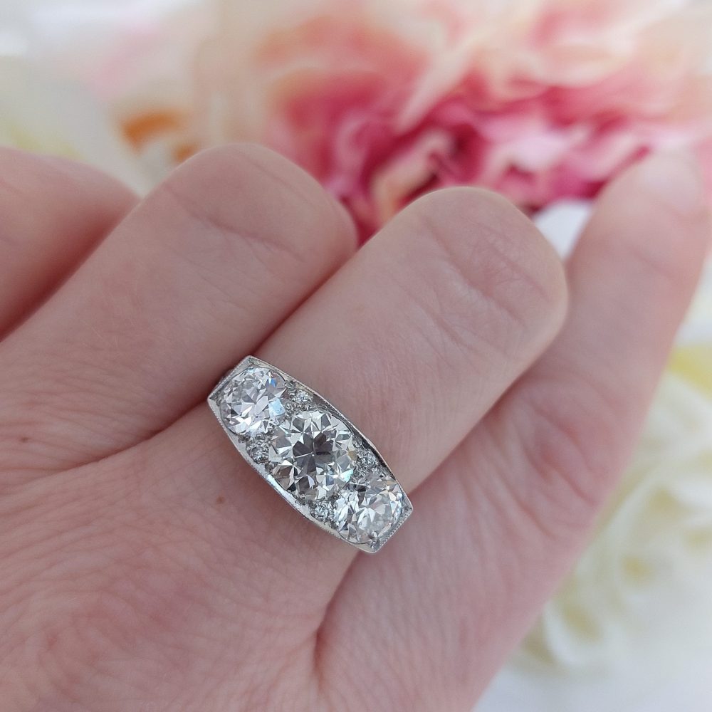 Art Deco Antique 4ct Old Mine Cut Diamond Three Stone Ring