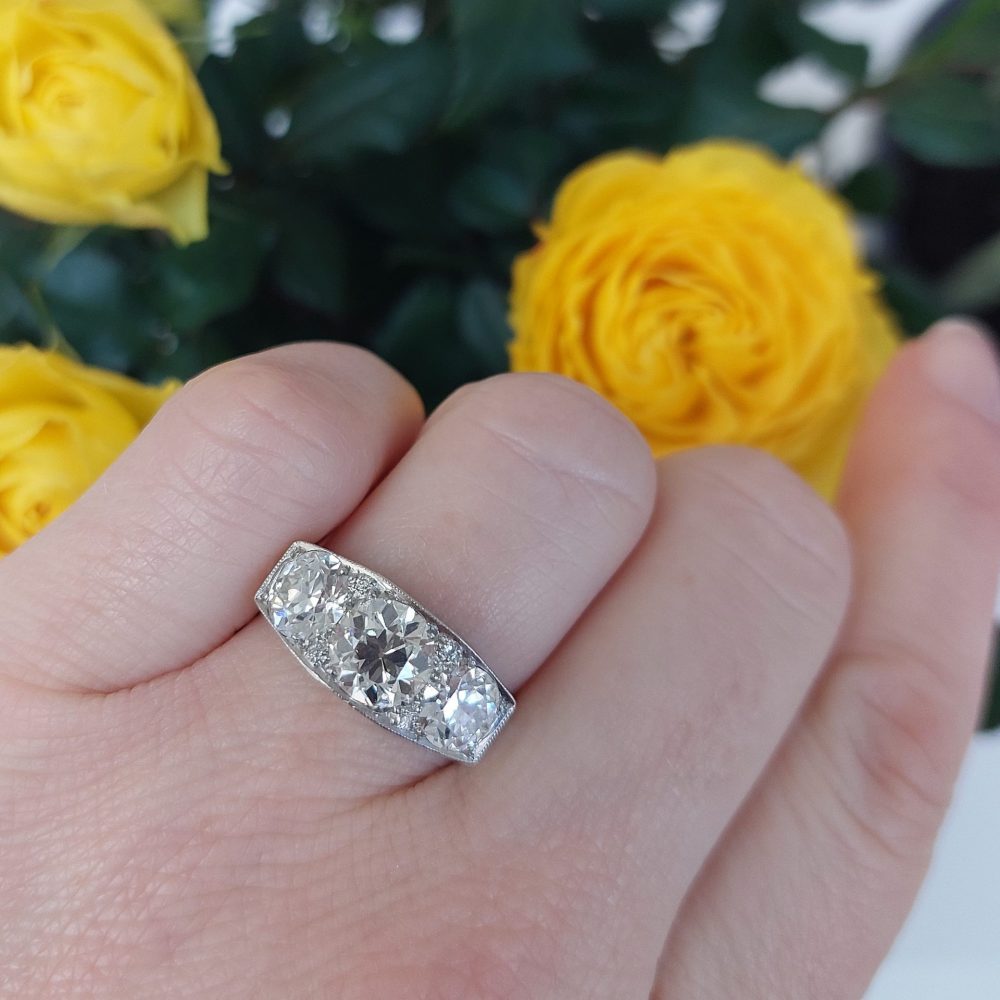 Art Deco Antique 4ct Old Mine Cut Diamond Three Stone Ring