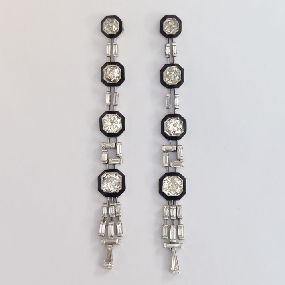 Art Deco Antique 4cts Old Mine Cut Diamond and Onyx Earrings