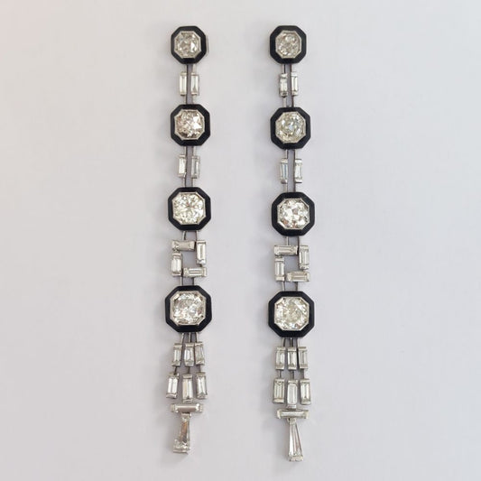 Art Deco Antique 4cts Old Mine Cut Diamond and Onyx Earrings