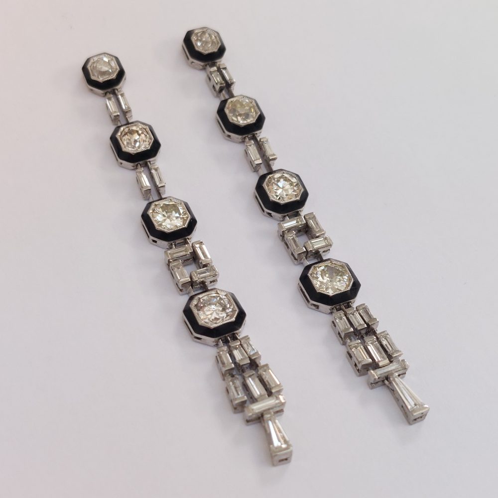 Art Deco Antique 4cts Old Mine Cut Diamond and Onyx Earrings