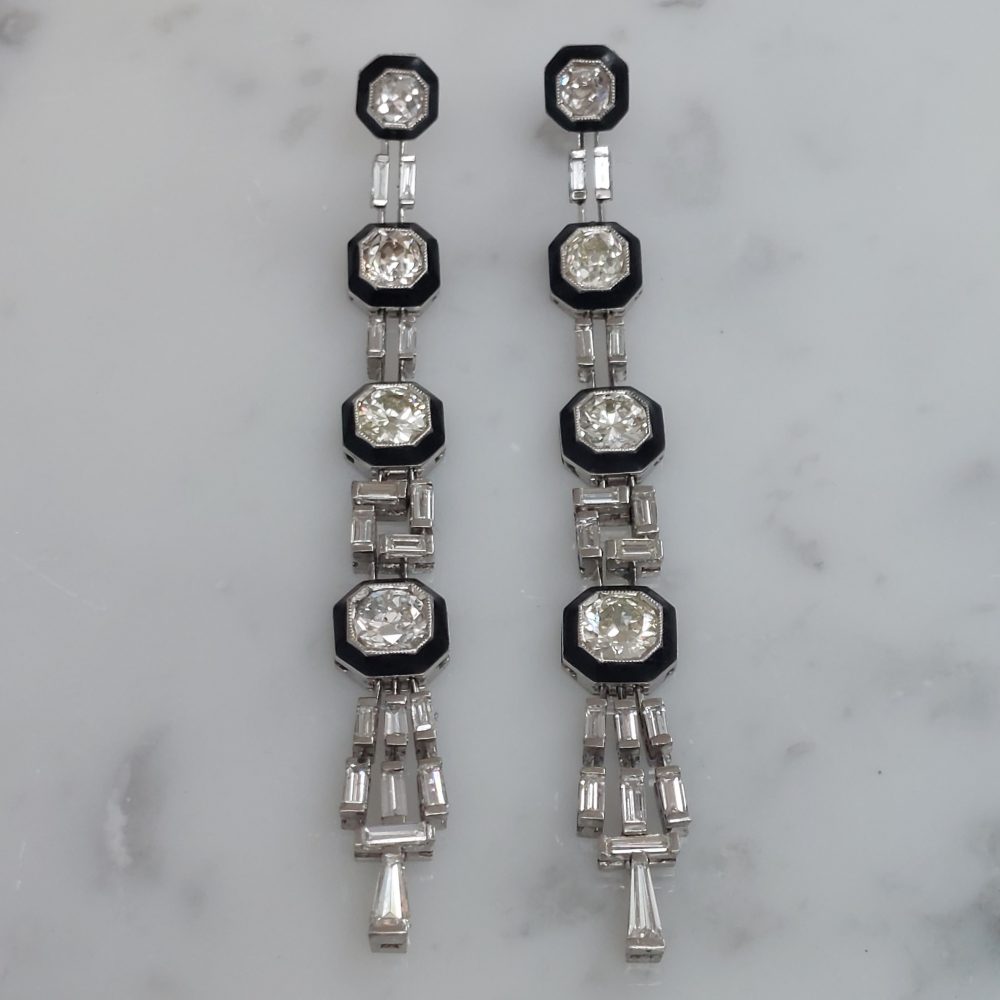 Art Deco Antique 4cts Old Mine Cut Diamond and Onyx Earrings