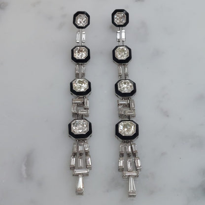 Art Deco Antique 4cts Old Mine Cut Diamond and Onyx Earrings
