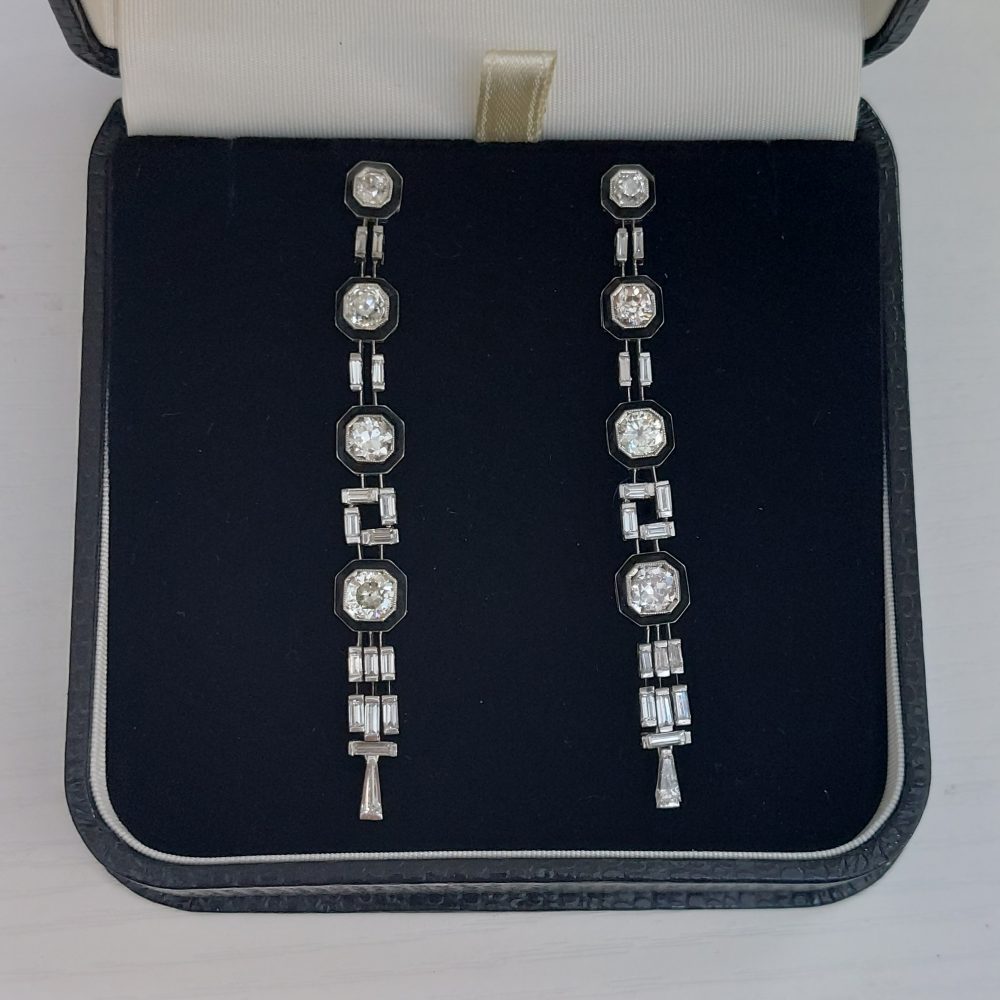 Art Deco Antique 4cts Old Mine Cut Diamond and Onyx Earrings