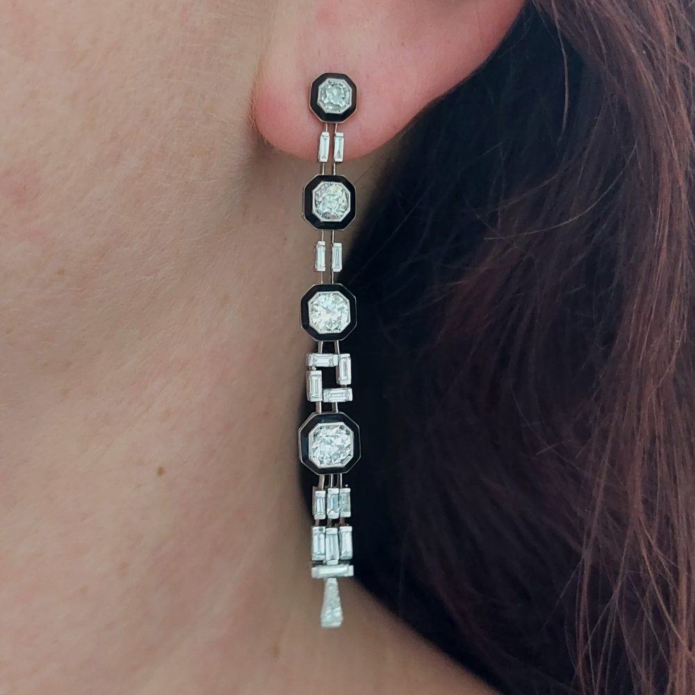 Art Deco Antique 4cts Old Mine Cut Diamond and Onyx Earrings