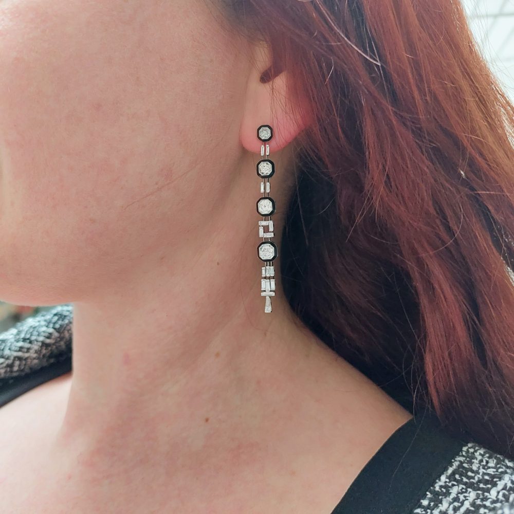 Art Deco Antique 4cts Old Mine Cut Diamond and Onyx Earrings