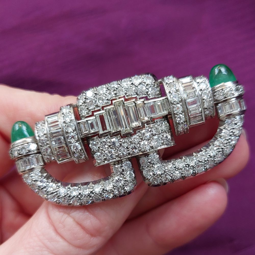 Art Deco Antique 5cts Diamond and Emerald Brooch