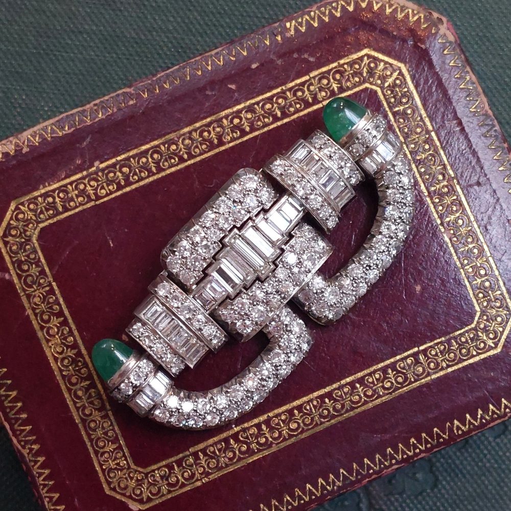 Art Deco Antique 5cts Diamond and Emerald Brooch