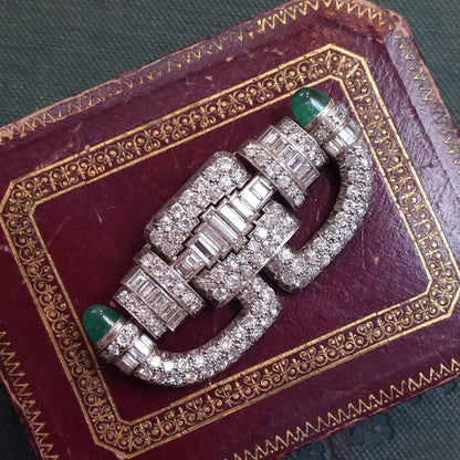 Art Deco Antique 5cts Diamond and Emerald Brooch