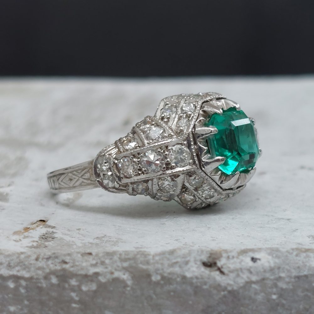 Art Deco Antique Colombian Emerald and Diamond Ring