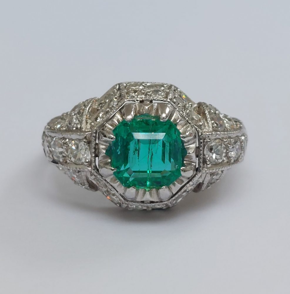 Art Deco Antique Colombian Emerald and Diamond Ring