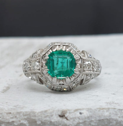 Art Deco Antique Colombian Emerald and Diamond Ring