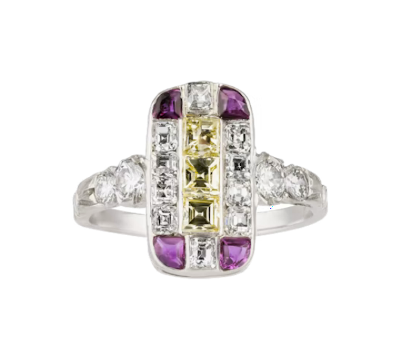 Art Deco Antique Diamond Ruby and Yellow Diamond Tablet Ring