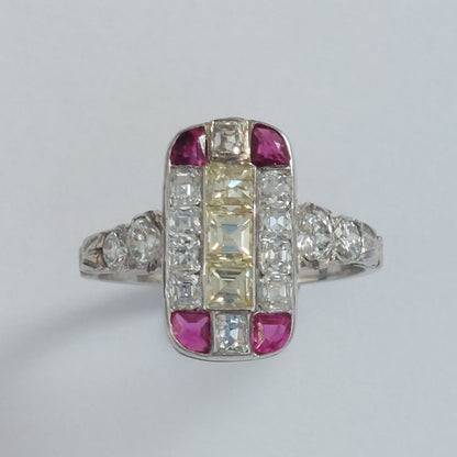 Art Deco Antique Diamond Ruby and Yellow Diamond Tablet Ring