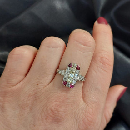 Art Deco Antique Diamond Ruby and Yellow Diamond Tablet Ring
