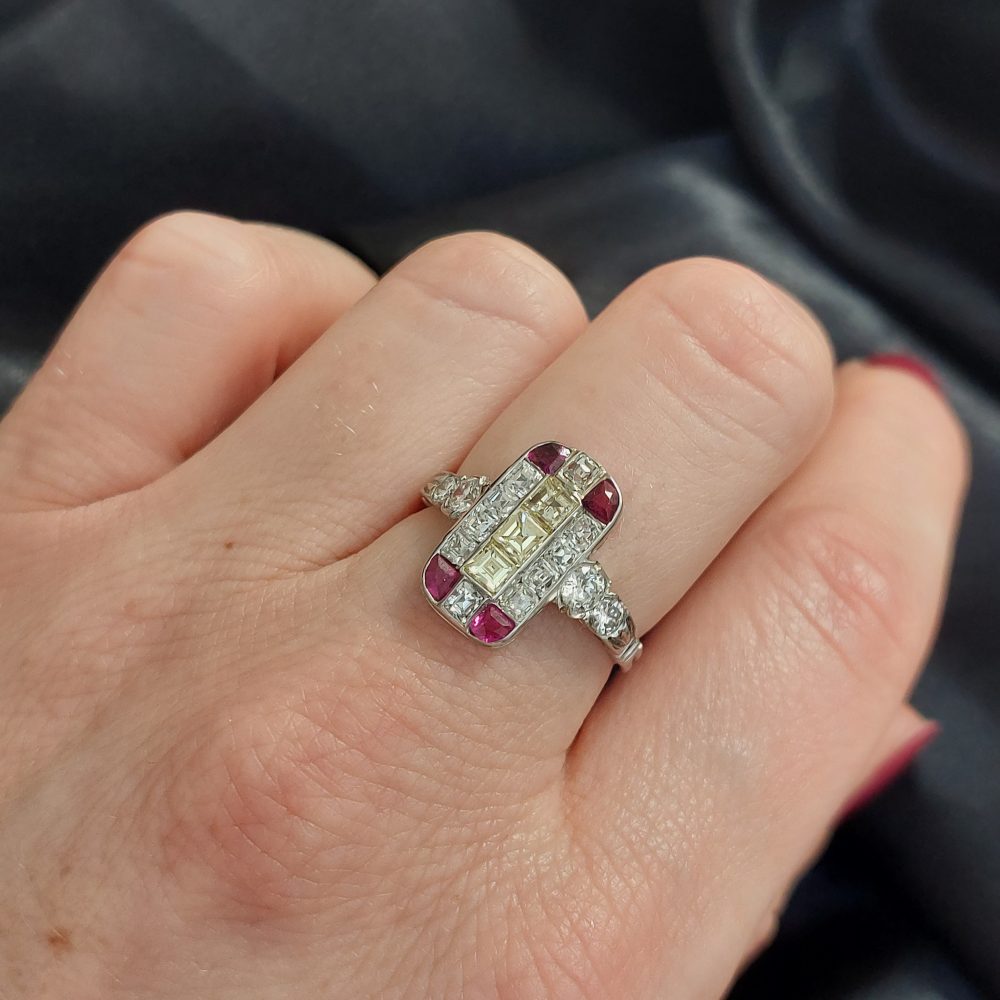 Art Deco Antique Diamond Ruby and Yellow Diamond Tablet Ring