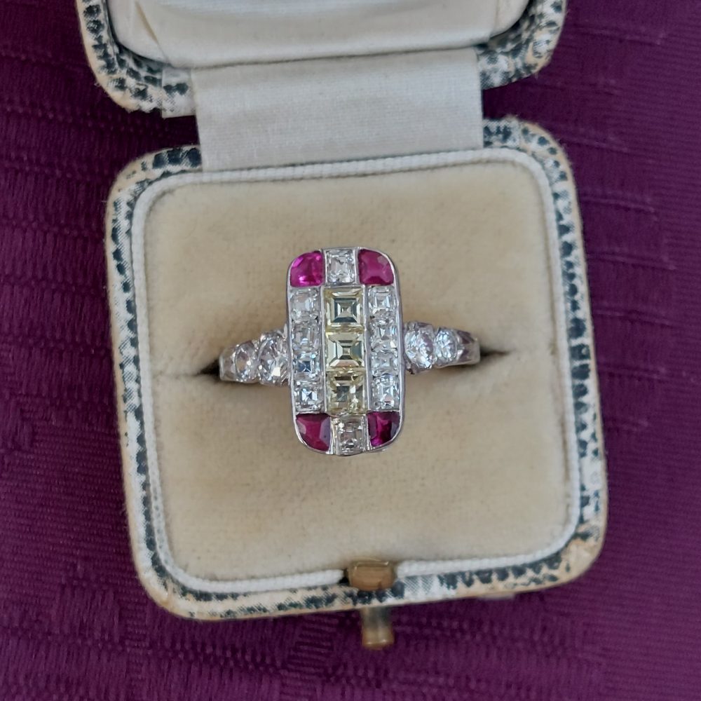 Art Deco Antique Diamond Ruby and Yellow Diamond Tablet Ring