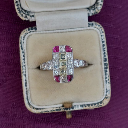 Art Deco Antique Diamond Ruby and Yellow Diamond Tablet Ring