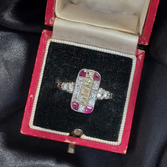 Art Deco Antique Diamond Ruby and Yellow Diamond Tablet Ring