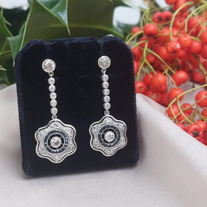 Art Deco Antique Diamond and Calibre Cut Sapphire Earrings