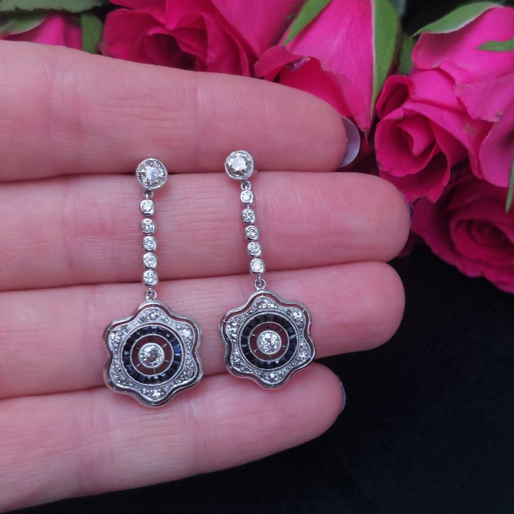 Art Deco Antique Diamond and Calibre Cut Sapphire Earrings