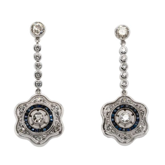 Art Deco Antique Diamond and Calibre Cut Sapphire Earrings