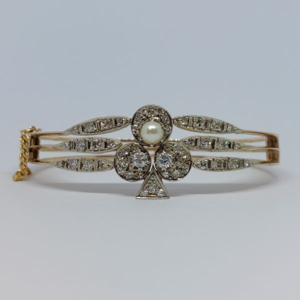 Art Deco Antique Diamond and Pearl Ace of Clubs Bangle Bracelet
