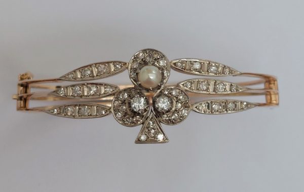 Art Deco Antique Diamond and Pearl Ace of Clubs Bangle Bracelet