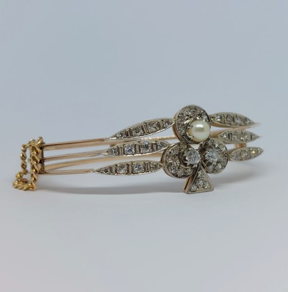 Art Deco Antique Diamond and Pearl Ace of Clubs Bangle Bracelet