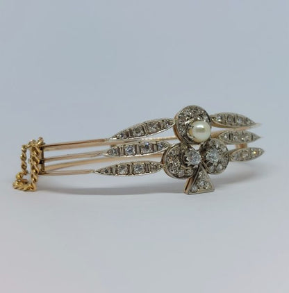 Art Deco Antique Diamond and Pearl Ace of Clubs Bangle Bracelet