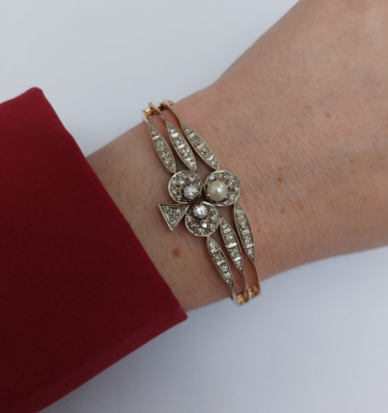 Art Deco Antique Diamond and Pearl Ace of Clubs Bangle Bracelet