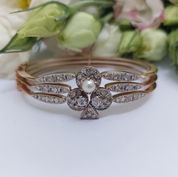 Art Deco Antique Diamond and Pearl Ace of Clubs Bangle Bracelet