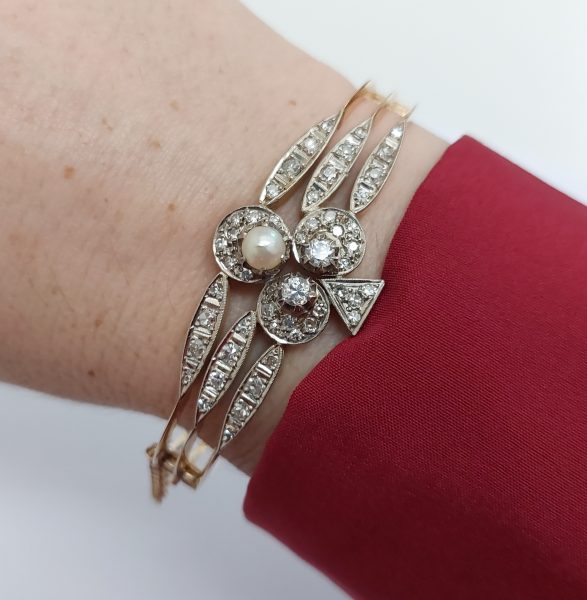 Art Deco Antique Diamond and Pearl Ace of Clubs Bangle Bracelet