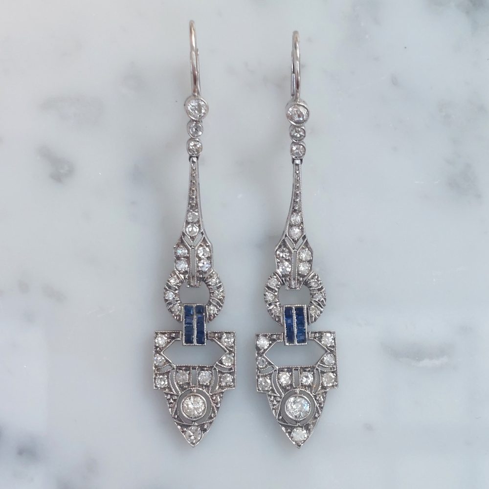 Art Deco Antique Diamond and Sapphire Drop Earrings