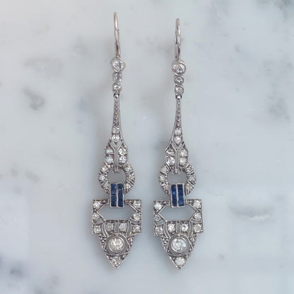 Art Deco Antique Diamond and Sapphire Drop Earrings