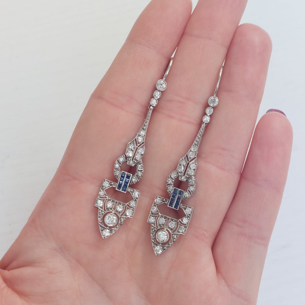 Art Deco Antique Diamond and Sapphire Drop Earrings