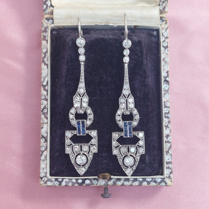 Art Deco Antique Diamond and Sapphire Drop Earrings