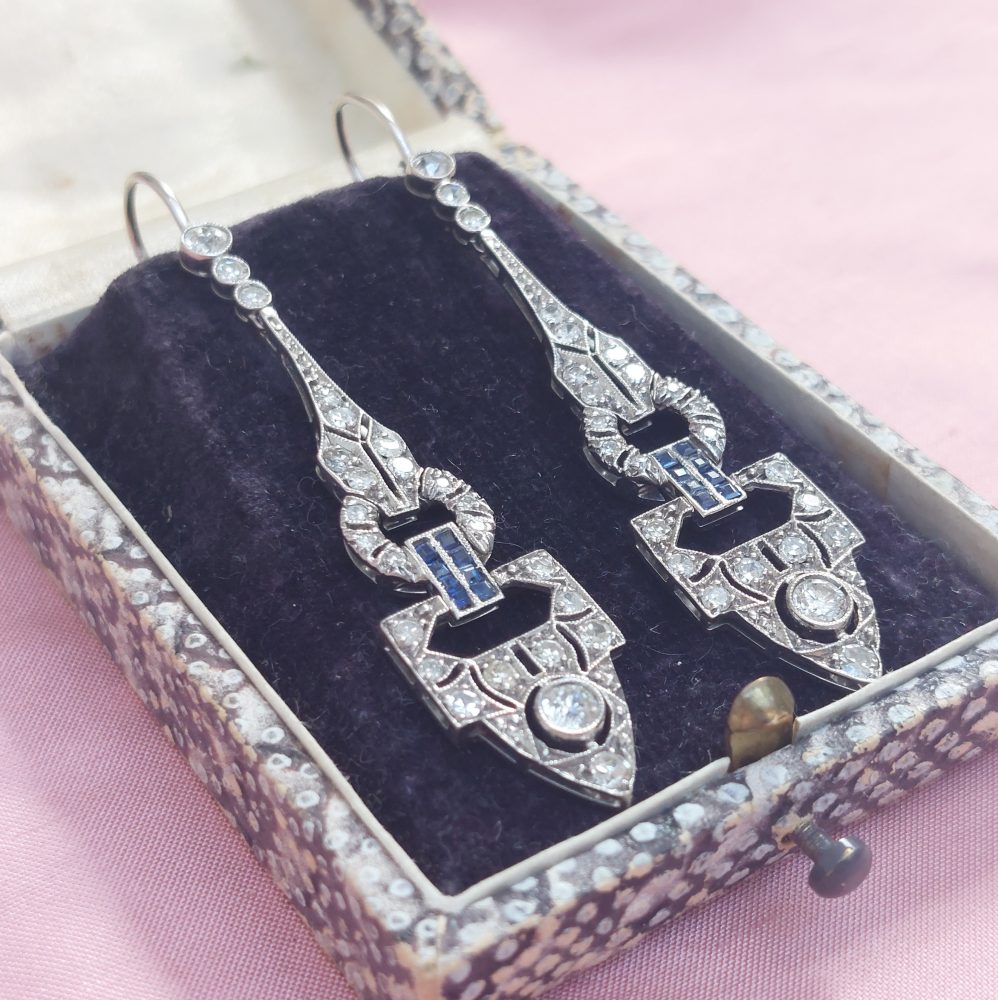 Art Deco Antique Diamond and Sapphire Drop Earrings
