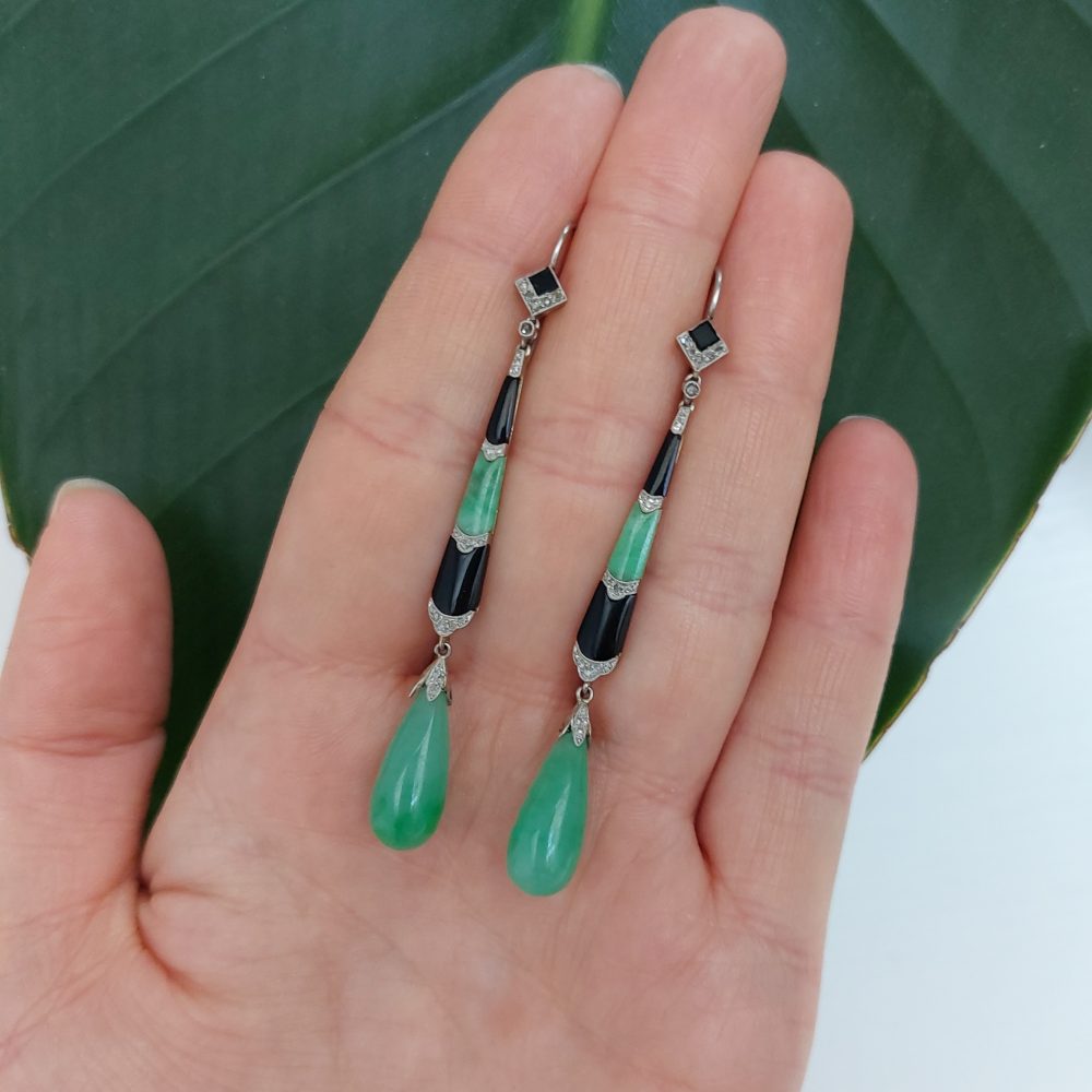 Art Deco Antique Jade Onyx and Diamond Earrings