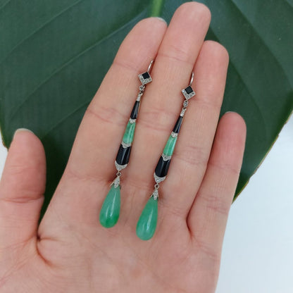Art Deco Antique Jade Onyx and Diamond Earrings