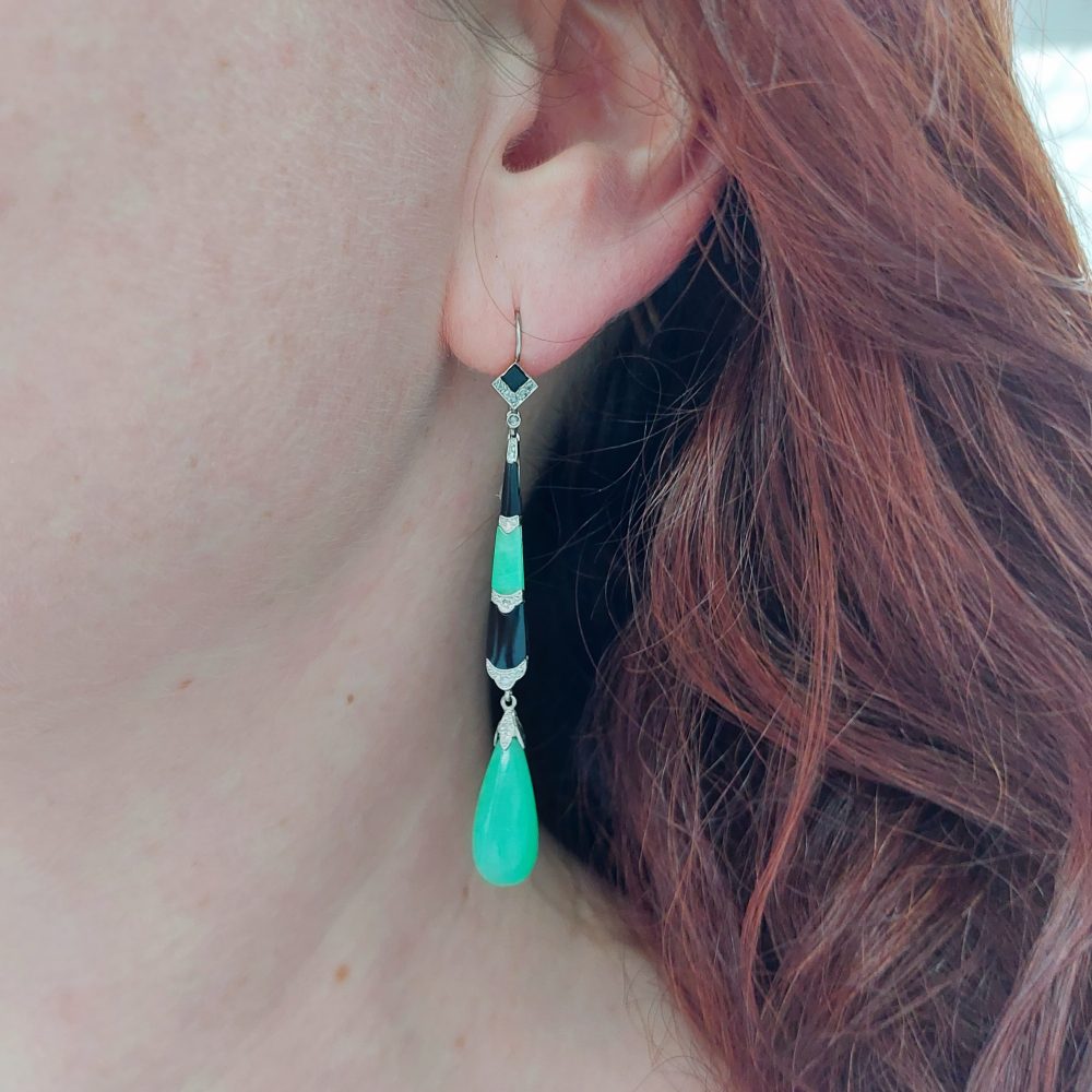 Art Deco Antique Jade Onyx and Diamond Earrings