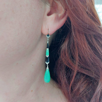 Art Deco Antique Jade Onyx and Diamond Earrings