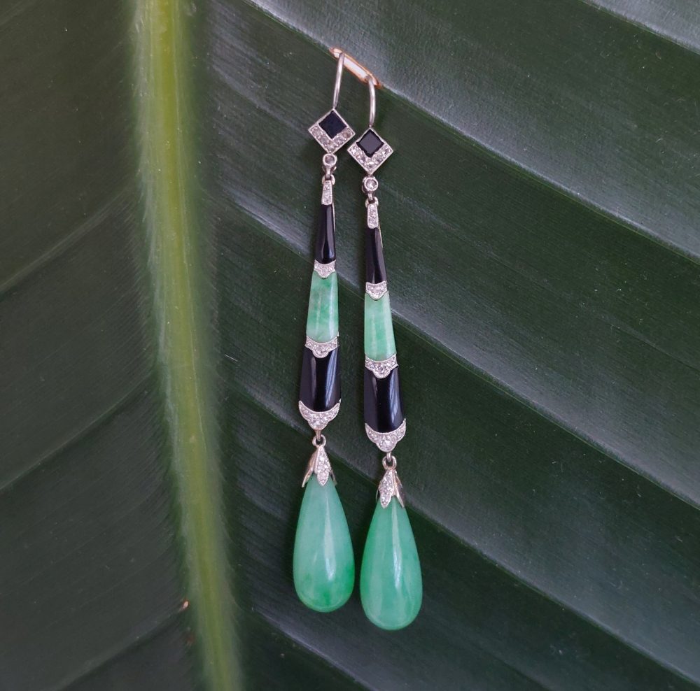 Art Deco Antique Jade Onyx and Diamond Earrings