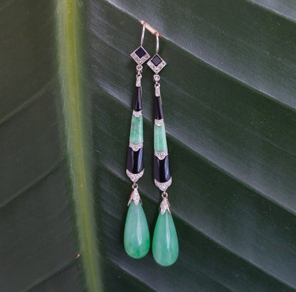 Art Deco Antique Jade Onyx and Diamond Earrings