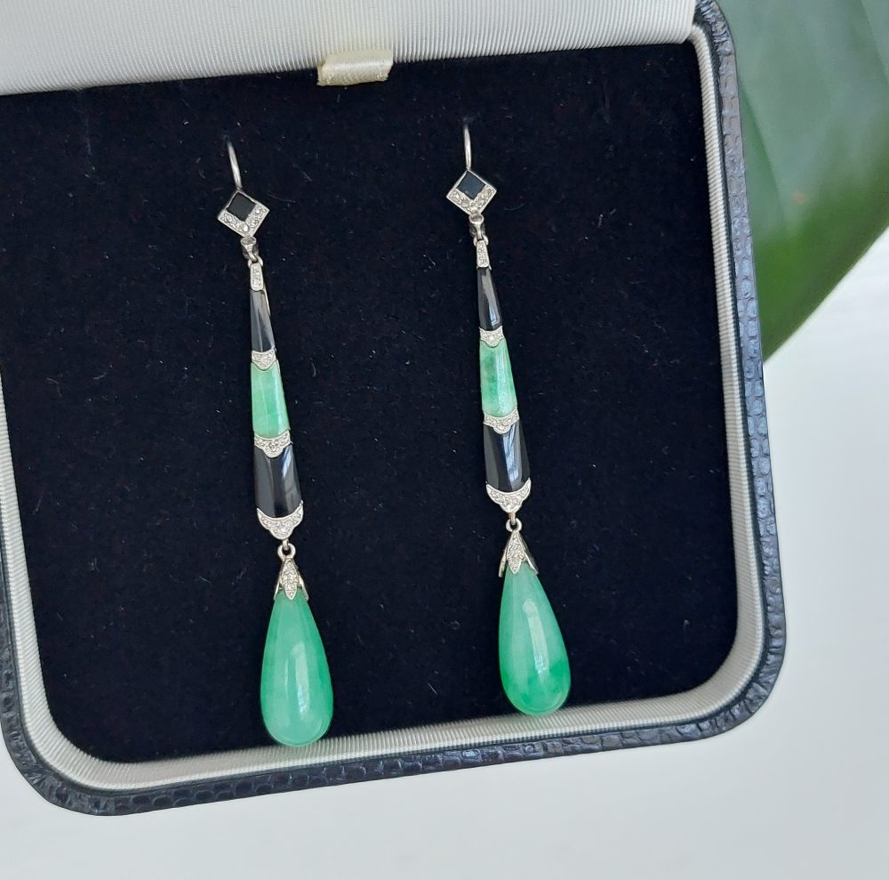 Art Deco Antique Jade Onyx and Diamond Earrings