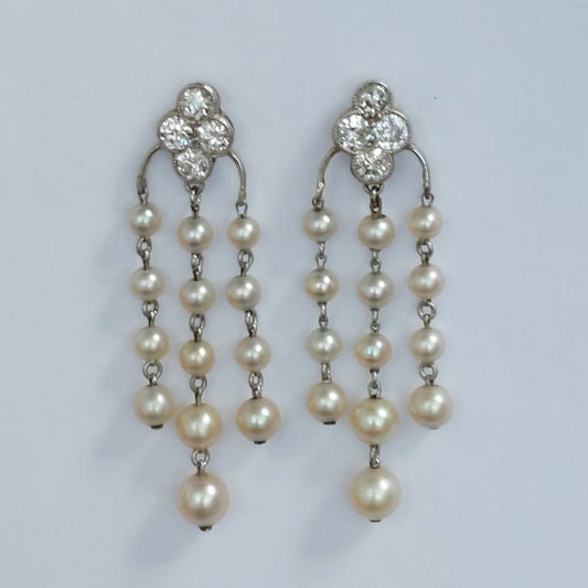Art Deco Antique Natural Pearl and Diamond Tassel Drop Earrings