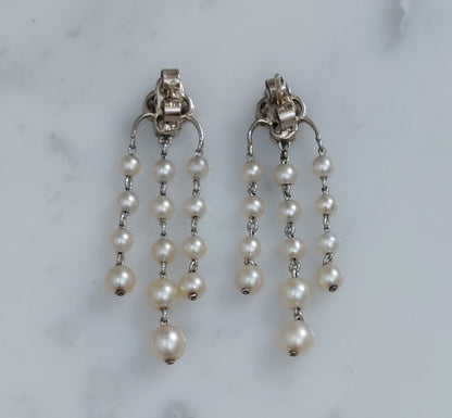 Art Deco Antique Natural Pearl and Diamond Tassel Drop Earrings